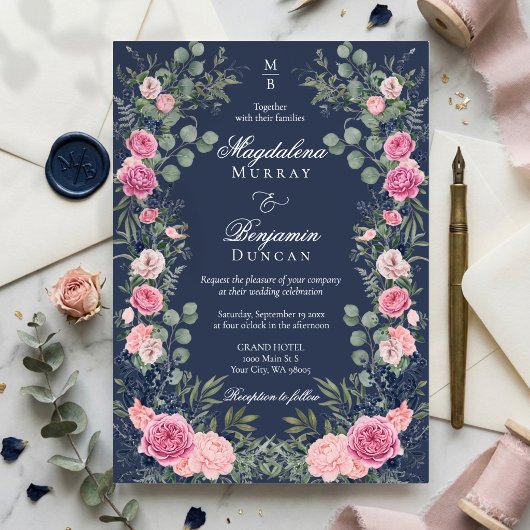 ピンク ネイビー ブルー フラワー ユーカリ ウェディング 箔招待状
