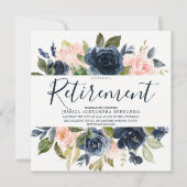 ピンク ネイビー ブルー 水彩 花の退職パーティー 招待状 (正面)