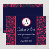 ピンク ネイビー ブルー 花柄 結婚式招待状 モノグラム 招待状 (正面/裏面)