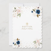 ピンク ネイビー ブルー 花模様 ゴールド 十字架 双子 洗礼 招待状 (裏面)