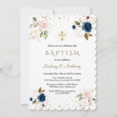 ピンク ネイビー ブルー 花模様 ゴールド 十字架 双子 洗礼 招待状 (正面)