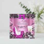 ピンク ハイヒール シャンパン ブラックレース 誕生日パーティー 招待状 (スタンド正面)