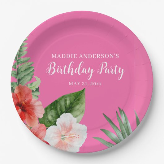 ピンク ハワイアン フラワー 誕生日  ペーパープレート (正面)