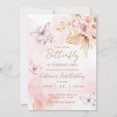 ピンク バタフライ ボーホー フラワー 1歳の誕生日 フラワーリング 招待状 (正面)