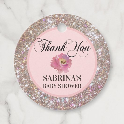 ピンク、バラブラウン、グリッター赤ちゃんシャワーありがとう フェイバータグ (正面)