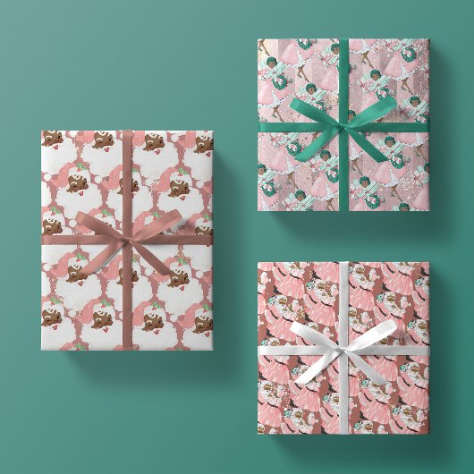 ピンク+バラヴィンテージブラックサンタクロースのクリスマス ラッピングペーパーシート