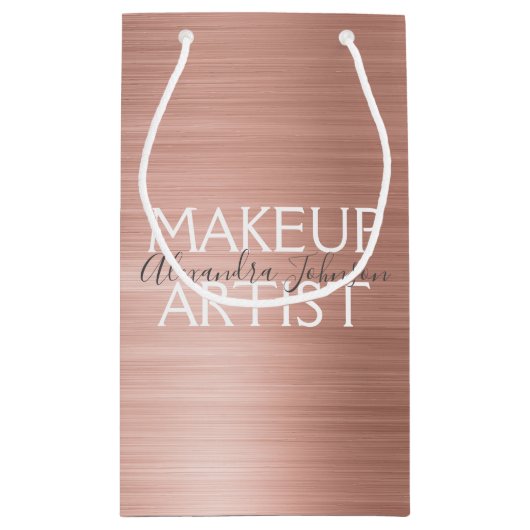 ピンク&バラ金ゴールドブラシ仕上げメタルメイクアップアーティスト スモールペーパーバッグ (裏面)