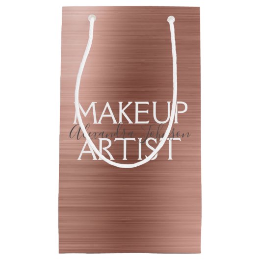 ピンク&バラ金ゴールドブラシ仕上げメタルメイクアップアーティスト スモールペーパーバッグ (正面)