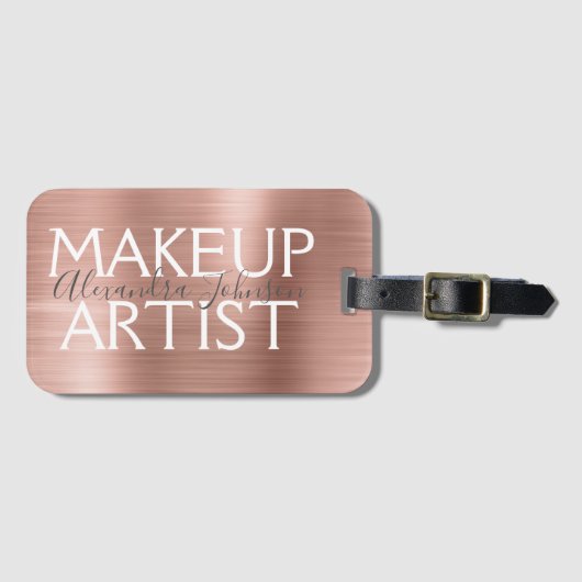 ピンク&バラ金ゴールドブラシ仕上げメタルメイクアップアーティスト ラゲッジタグ (正面横)