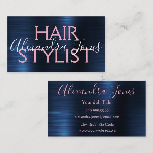 ピンク&バラ金ゴールドブラシ付きメタル美容師 名刺 (正面/裏面)