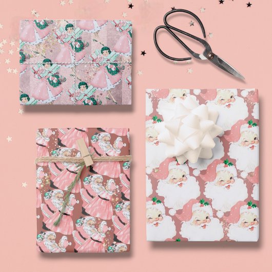 ピンク+バラgldヴィンテージサンタクロースのクリスマスプレゼント ラッピングペーパーシート
