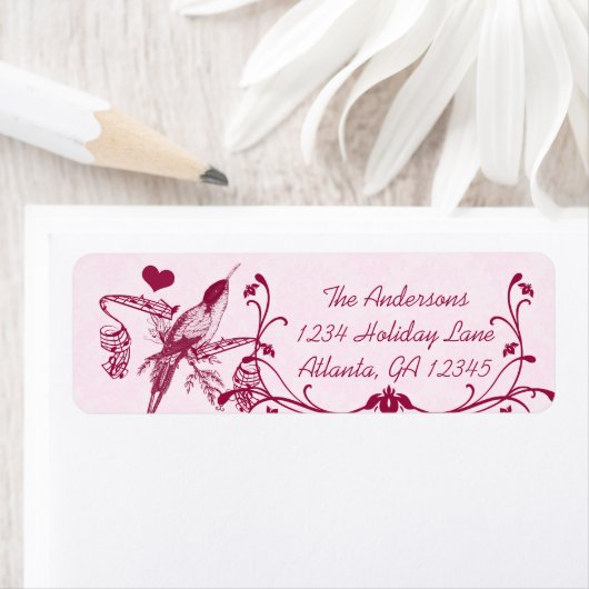 ピンク&バーガンディダマスクミュージカルヴィンテージハミングバード ラベル (インサイチュ)