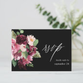 ピンク&バーガンディフローラ7 w食事RSVP – 黒 出欠カード (スタンド正面)