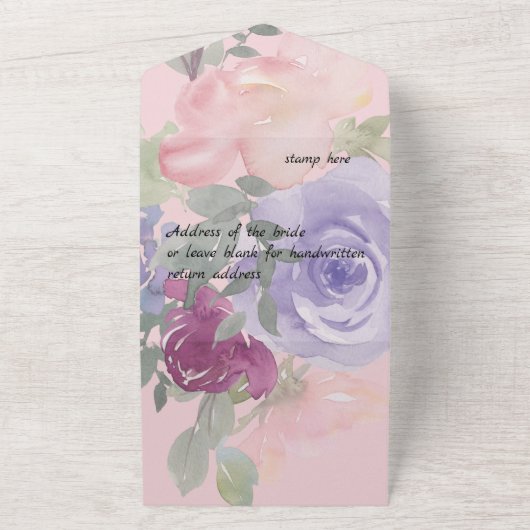 ピンク バーガンディーとブルーの水彩花イラスト オールインワン招待状 (外側)