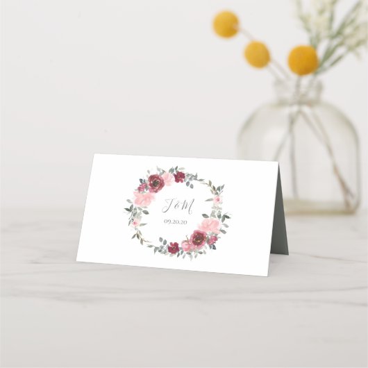 ピンク バーガンディー グレー フラワーズ ウォーターカラー ウェディング プレイスカード (裏面)