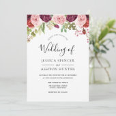 ピンク バーガンディー & パープル 水彩 花 モチーフのウェディング 招待状 (スタンド正面)