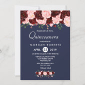 ピンク バーガンディー フラワール ネイビーブルー キンセアニエラ ご招待 招待状 (正面)