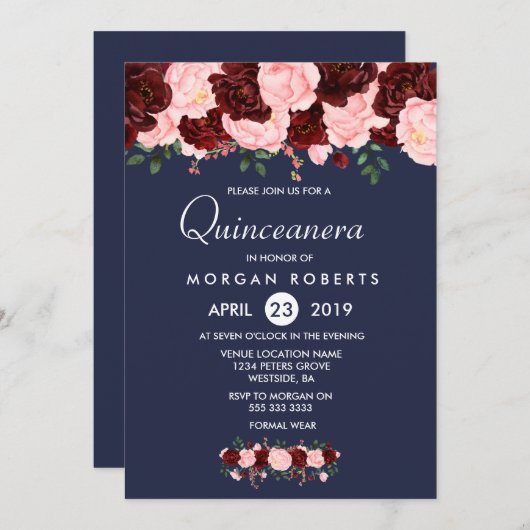 ピンク バーガンディー フラワール ネイビーブルー キンセアニエラ ご招待 招待状 (正面/裏面)