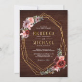 ピンク バーガンディー フローラル ゴールド オールインワン ウッド ウェディング 招待状 (正面)