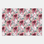 ピンク バーガンディ クリスマス 水彩 花 ラッピングペーパーシート (正面)