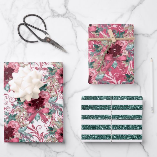 ピンク バーガンディ クリスマス 水彩 花 ラッピングペーパーシート (正面)