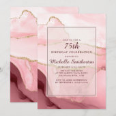 ピンク バーガンディ ゴールド マーブル アゲート 75歳の誕生日 招待状 (正面/裏面)