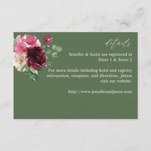 ピンク & バーガンディ フローラル 7 - 緑 エンクロージャーカード (正面)