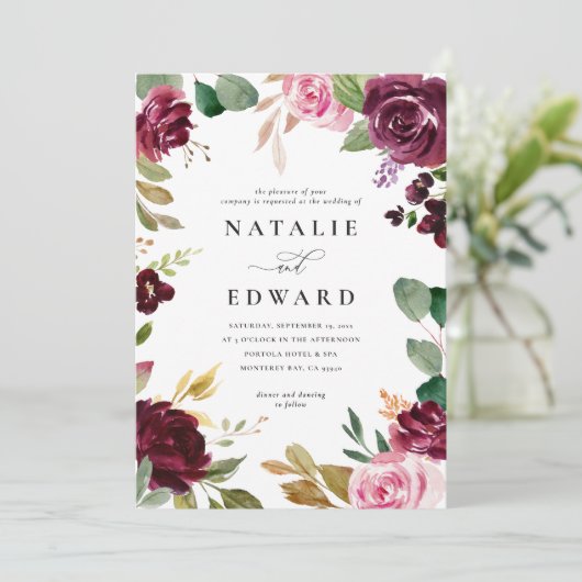 ピンク、バーガンディ、ミュートグリーンとイチジクの花のウェディング (スタンド正面)