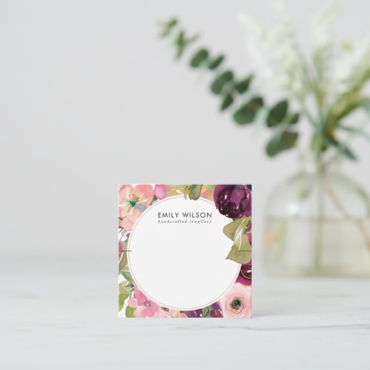 ピンク·バーガンディ·赤面·フローラ·ブレスレット表示カード スクエア名刺 (スタンド正面)