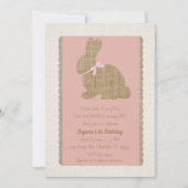 ピンク&バーラップのルースティックうさぎ イースター 1歳の誕生日 招待状 (正面)