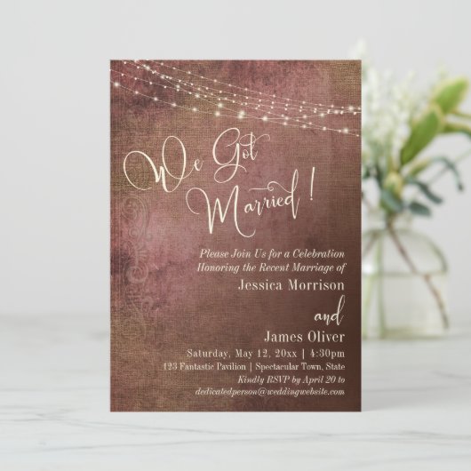 ピンク&バーラップヴィンテージウェ得ー結婚した披露宴 招待状 (スタンド正面)