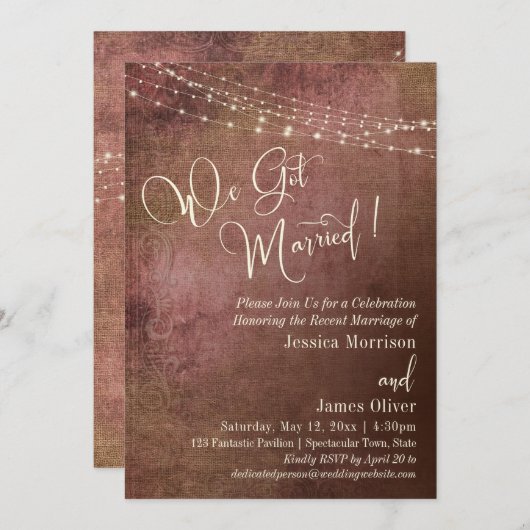 ピンク&バーラップヴィンテージウェ得ー結婚した披露宴 招待状 (正面/裏面)