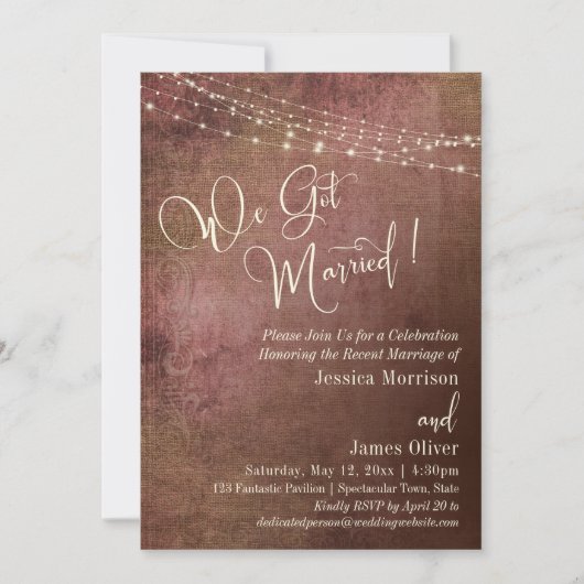 ピンク＆バーラップ ヴィンテージ ウェディング レセプション 招待状 (正面)