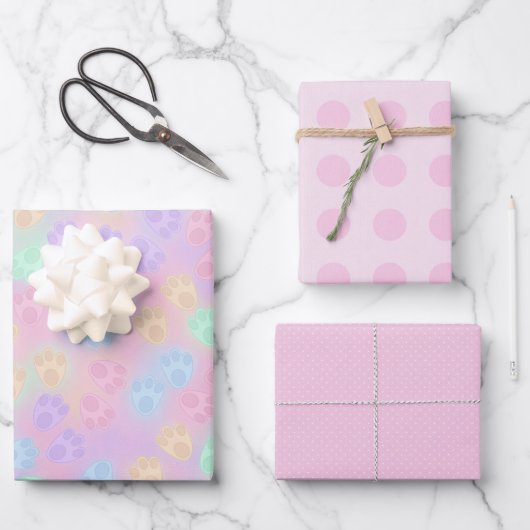 ピンク&パステル色の復活祭のバニーの足 ラッピングペーパーシート (正面)