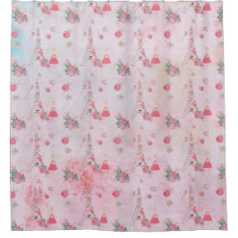 ピンク-パターンのバレンタインパリ女の子Eiffeltower シャワーカーテン