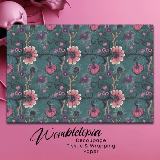 ピンク&パープルおもしろいハロウィンカボチャ&フラワーズ 薄葉紙