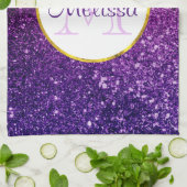 ピンク&パープルきらめくグリッター宝石モノグラム キッチンタオル (折り畳み)