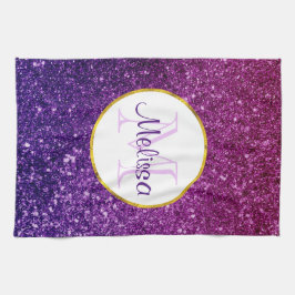 ピンク&パープルきらめくグリッター宝石モノグラム キッチンタオル