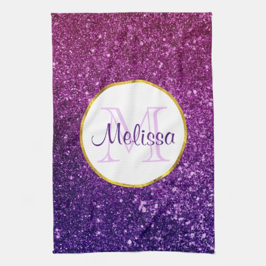 ピンク&パープルきらめくグリッター宝石モノグラム キッチンタオル (縦)