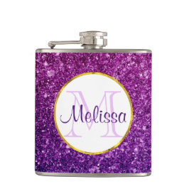 ピンク&パープルきらめくグリッター宝石モノグラム フラスク