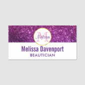 ピンク&パープルきらめくグリッター宝石モノグラム 名札 (正面)