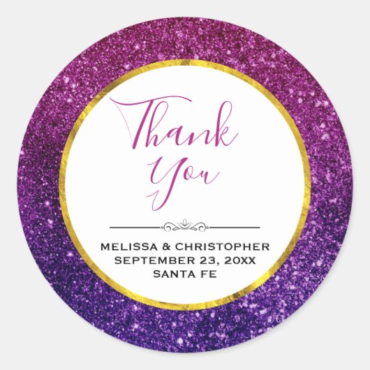 ピンク&パープルきらめくグリッター宝石結婚ズ ラウンドシール (正面)