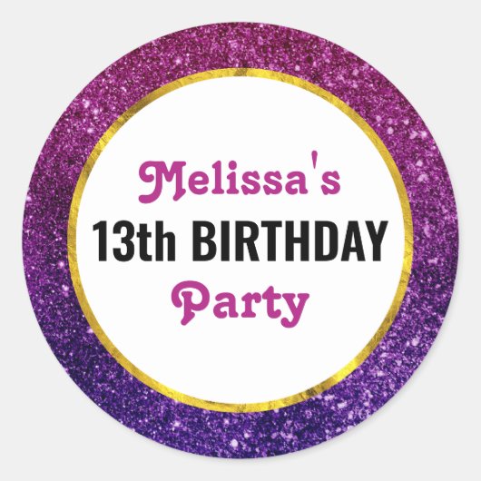 ピンク&パープルきらめくグリッター宝石誕生日 ラウンドシール (正面)