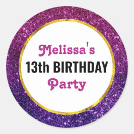 ピンク&パープルきらめくグリッター宝石誕生日 ラウンドシール
