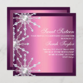 ピンク&パープルきらめくスノーフレーク誕生日招待状 招待状 (正面/裏面)