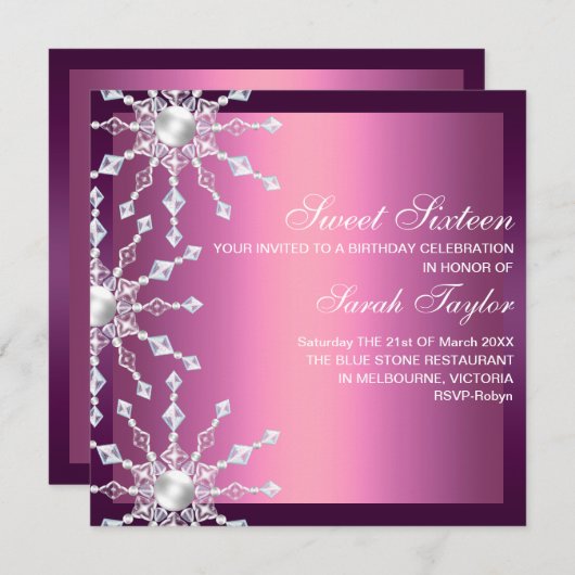 ピンク&パープルきらめくスノーフレーク誕生日招待状 招待状 (正面/裏面)