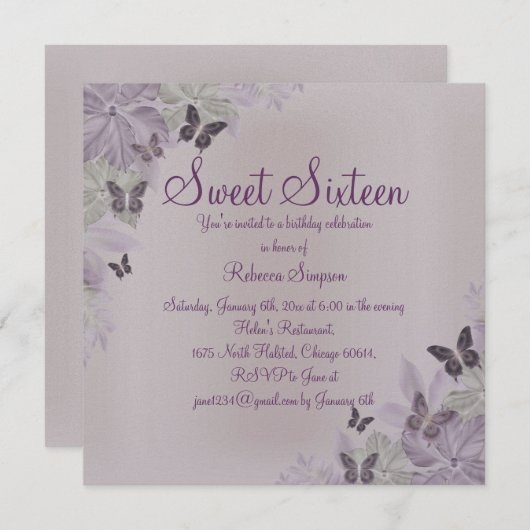 ピンク&パープルきらめくバタフライスウィート16招待状 招待状 (正面/裏面)