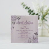ピンク&パープルきらめくバタフライスウィート16招待状 招待状 (スタンド正面)