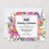 ピンク パープルの花 女性 90歳の誕生日 招待状 (正面)