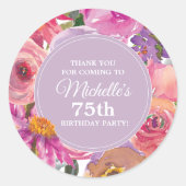 ピンク パープルの花 75歳の誕生日パーティーの御礼 ラウンドシール (正面)